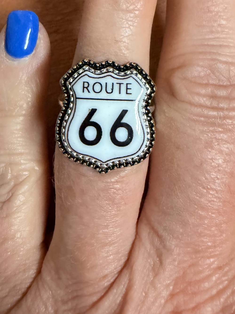 Route 66 Shield Ring - White Enamel with Silver Tone